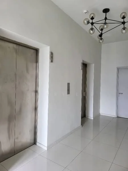 Room features: white painted walls, glossy white tile flooring, two elevator doors, modern chandelier with multiple bulbs, door leading to another room; style: modern.
