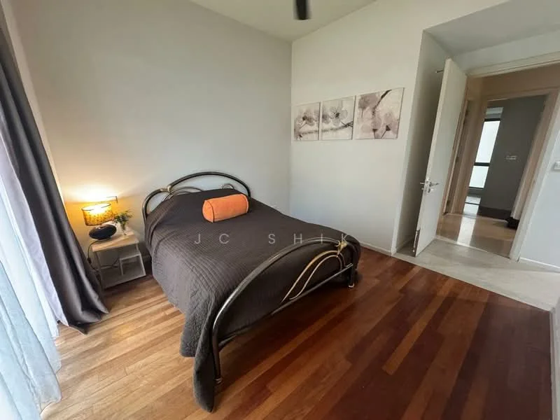Bedroom features: queen-size bed with dark bedding, metal bed frame, wooden flooring, floor-to-ceiling window with sheer curtains, decorative wall art, nightstand with lamp, light grey painted walls, ceiling fan; style: modern.