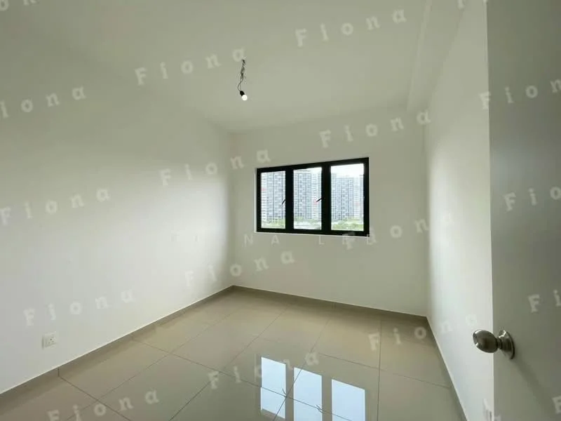 Room features: white painted walls, glossy ceramic tile flooring, black framed windows, three-pane window, single pendant light, no visible furniture, neutral color scheme; style: modern; view: city.