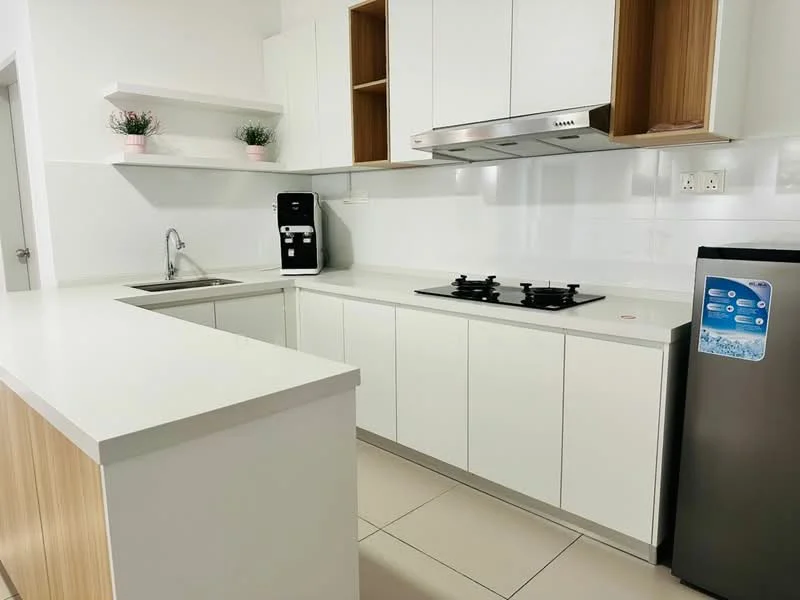 Kitchen features: white quartz countertop, white cabinetry with flat-panel doors, stainless-steel sink, chrome pull-down faucet, built-in gas hob with 4 burners, stainless-steel range hood, built-in refrigerator, open shelving, light-colored tile flooring, white tiled backsplash, kitchen island with overhang; style: modern.