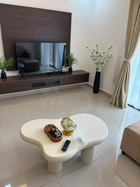 Living features: flat-screen TV mounted on wall, wooden TV console, light-colored coffee table with unique shape, beige fabric sofa, decorative vase with flowers, potted plants, curtains, glossy tile flooring; style: modern.