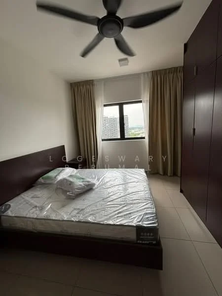 Bedroom features: queen-size bed, upholstered headboard, wooden wardrobe, floor-to-ceiling window, sheer curtains, blackout curtains, 5-blade ceiling fan, tile flooring, decorative wall, light fixture, mattress with protective cover; style: modern; view: city.