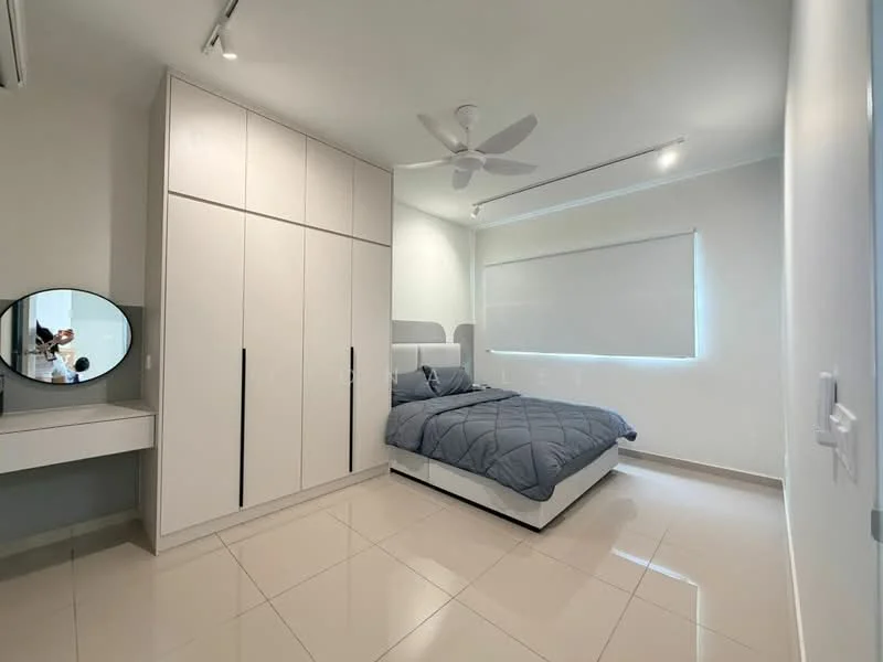 Bedroom features: queen-size bed with grey bedding, upholstered headboard, built-in wardrobe with white finish, ceiling fan, large mirror on vanity, white walls, tile flooring, window with roller blinds, recessed lighting; style: modern.