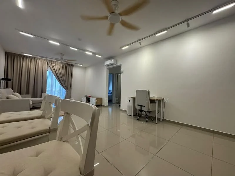 Living features: white painted walls, recessed downlights, 5-blade ceiling fan, large windows with sheer curtains, light-colored sofa, cream upholstered chairs, glass coffee table, tile flooring, study desk, air conditioning unit; style: modern.