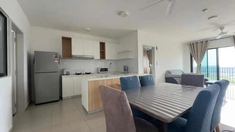 Kitchen features: white cabinets, wood cabinetry, stainless-steel fridge, built-in oven, microwave, ceramic cooktop, white countertop, tile backsplash, recessed downlights, floor-to-ceiling windows, dining table with upholstered chairs, ceiling fan; style: modern; view: city.