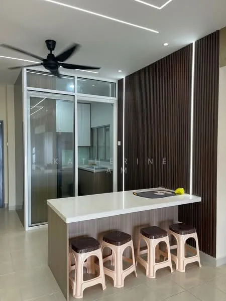 Kitchen features: white countertop, brown wooden cabinetry, glass sliding door, stainless-steel appliances, 4-bar stools, ceiling fan, recessed lighting, tile flooring, wood panel accent wall; style: modern.
