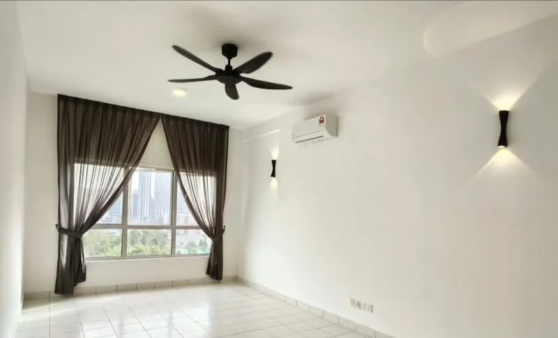Room features: white painted walls, tile flooring, 5-blade ceiling fan, wall-mounted split AC, floor-to-ceiling window, sheer curtains, 2 wall sconces, natural light from window; style: modern; view: city.