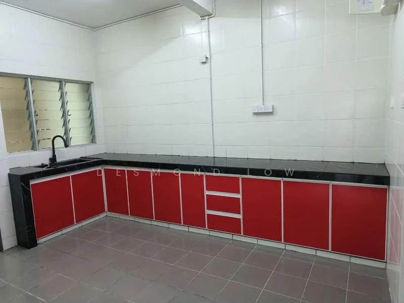 Kitchen features: red cabinetry, black countertop, single-bowl stainless-steel sink, chrome pull-down faucet, tile backsplash, grey ceramic tile flooring, wall-mounted electrical outlets, windows with horizontal slats; style: modern.