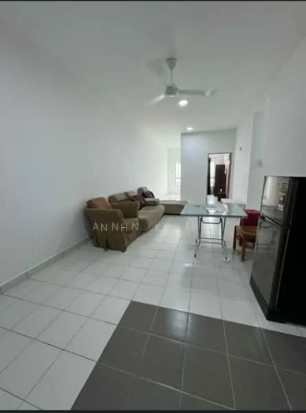 Living features: 3-seater fabric sofa in brown, ceiling fan, white painted walls, tile flooring, dining table with chairs, refrigerator, open layout, natural light from windows; style: modern.