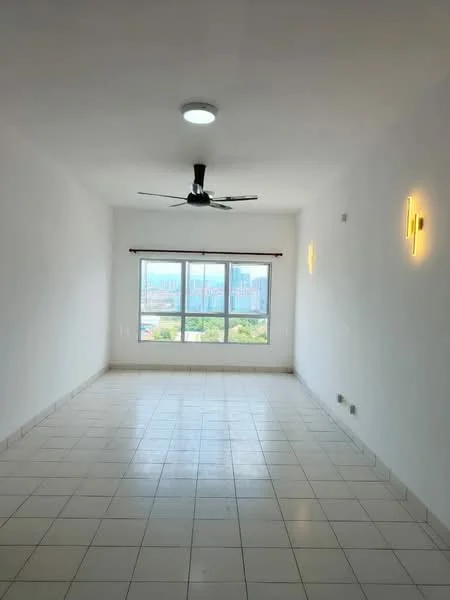 Room features: white painted walls, tile flooring, 5-blade ceiling fan, floor-to-ceiling windows, window treatments, light fixtures on walls, city view; style: modern; view: city.