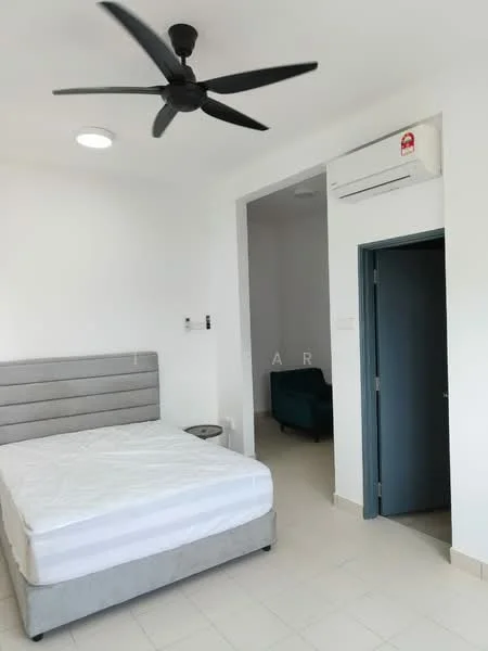 Bedroom features: queen-size bed base, grey upholstered headboard, white mattress, 5-blade ceiling fan, wall-mounted air conditioning unit, light-colored tiled flooring, white painted walls, nightstand, doorway leading to another room; style: modern.