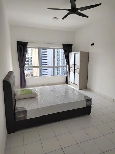 Bedroom features: queen-size bed with mattress protector, black upholstered bed frame, white bedding, floor-to-ceiling windows, curtains in dark purple, light-colored walls, white tiled flooring, ceiling fan with light, built-in wardrobe with sliding doors; style: modern; view: city.
