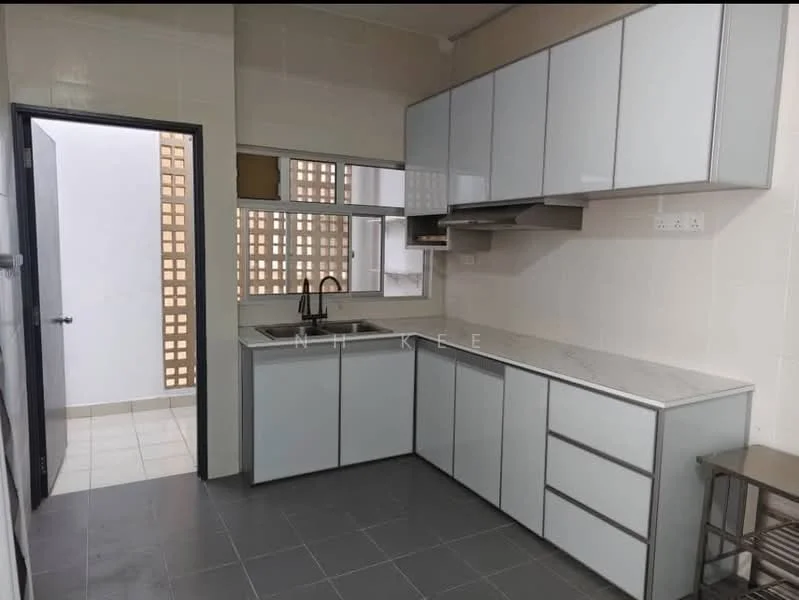 Kitchen features: white cabinetry with flat-panel doors, marble countertop, double-bowl stainless-steel sink, chrome pull-down faucet, built-in oven, freestanding range oven, ventilation hood, grey tile flooring, white tiled walls, window with grid pattern, open shelving, kitchen island, under-cabinet lighting; style: modern.