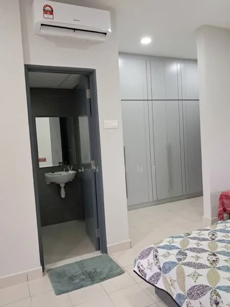 Room features: wall-mounted split AC, grey built-in wardrobe, white painted walls, tile flooring, mirror above sink, white sink, light fixture, doorway leading to bathroom; style: modern.