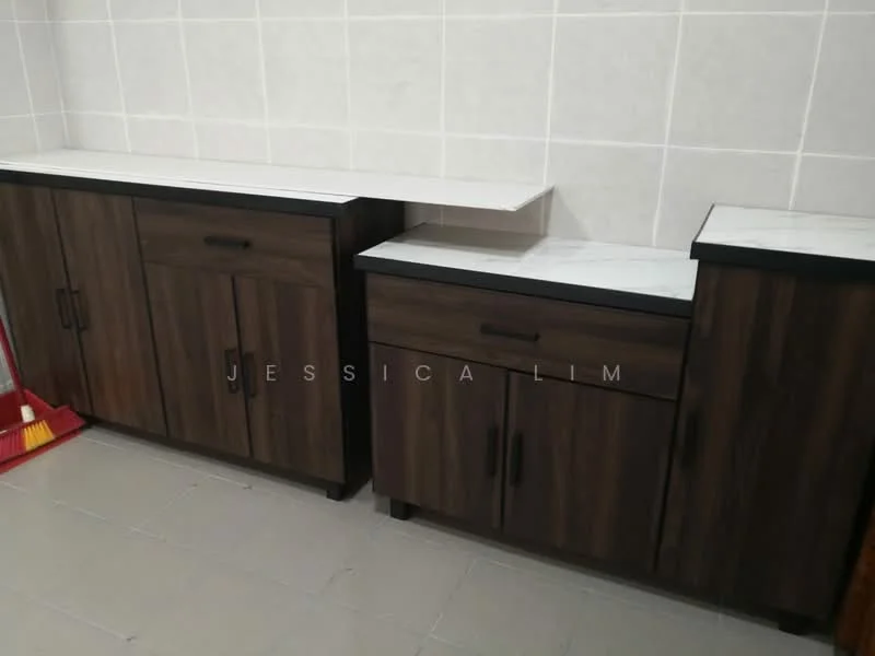 Room features: dark wood cabinetry, white marble countertop, two cabinets with doors, one drawer, grey tiled flooring, white tiled walls; style: modern.