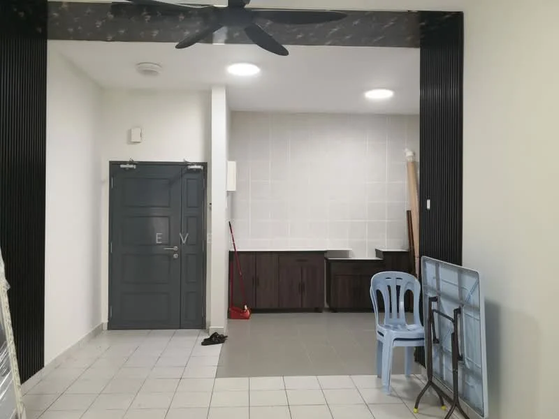 Room features: grey tiled flooring, white painted walls, black accent wall, ceiling fan, recessed ceiling lights, wood cabinetry, kitchen countertop, door with dark frame, foldable table, plastic chair, broom visible; style: modern.