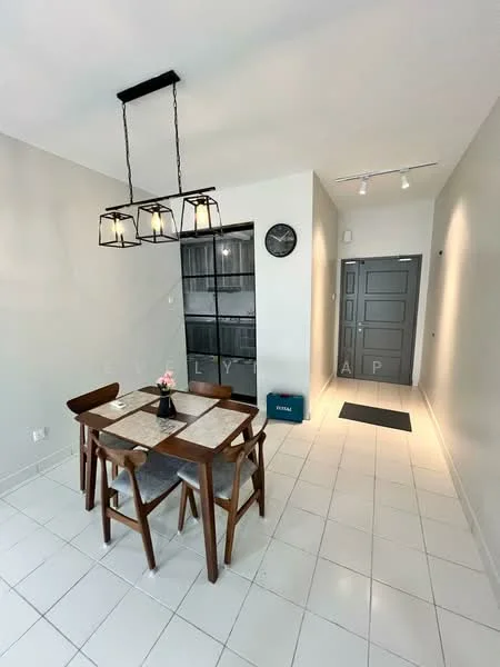 Dining features: 4-seater wooden dining table, brown wooden chairs, pendant light fixture with multiple bulbs, white tiled flooring, grey painted walls, wall clock, black cabinet with glass doors, door with modern design, decorative flower vase on table; style: modern.