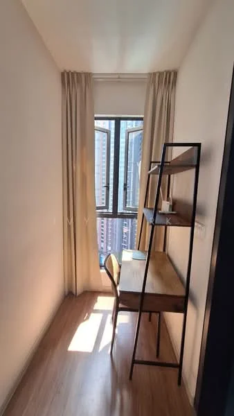 Study features: wooden flooring, white painted walls, floor-to-ceiling windows, sheer curtains, desk, chair, open shelving unit, natural light; style: modern; view: city.