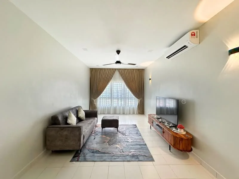 Living features: 3-seater fabric sofa in grey, ottoman, area rug with abstract pattern, wall-mounted TV, TV console with wood finish, floor-to-ceiling windows, sheer curtains, 5-blade ceiling fan with light, wall-mounted split AC, white painted walls, tile flooring; style: modern.