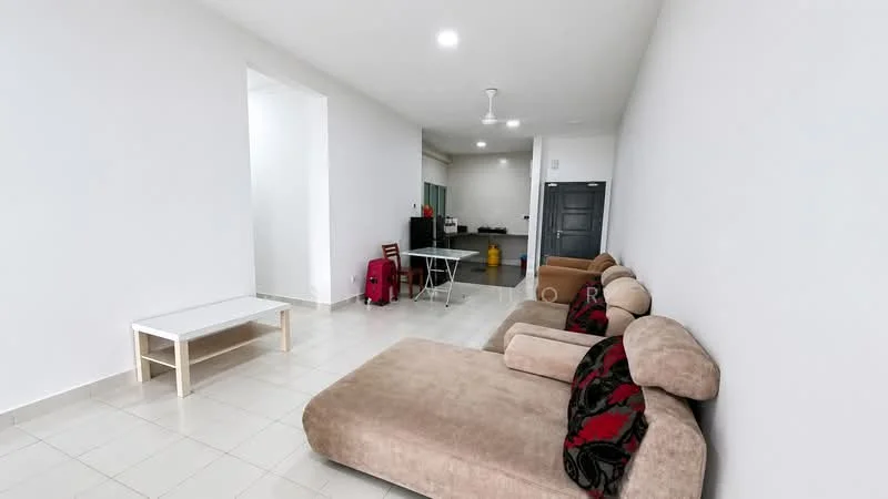 Living features: beige fabric sectional sofa, coffee table with white surface, tile flooring, white painted walls, ceiling fan, recessed lighting, open layout to kitchen, dining table with chairs, red accent pillows; style: modern.