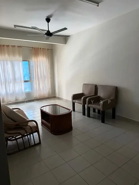 Living features: light-coloured painted walls, white tiled flooring, 5-blade ceiling fan, large window with sheer curtains, 2 brown leather armchairs, 1 beige fabric sofa, wooden coffee table, natural light from window; style: minimalist; view: city.