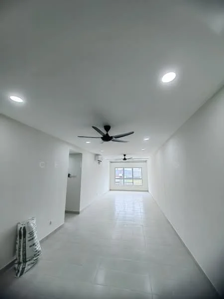 Room features: white painted walls, recessed LED downlights, 2 ceiling fans, grey tile flooring, large window, open layout, no visible furniture, neutral color scheme; style: modern.