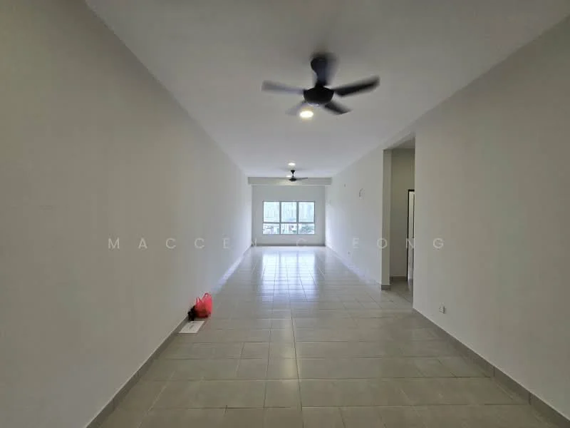 Living features: white painted walls, grey tiled flooring, 5-blade ceiling fan with light, floor-to-ceiling windows, natural light, open layout, neutral color scheme, no visible furniture; style: modern.