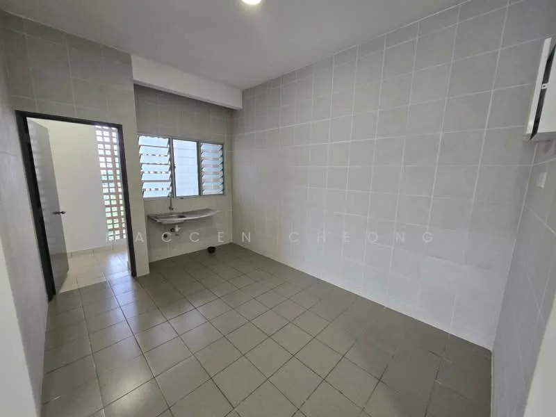 Room features: grey tiled walls, light grey tiled flooring, single wall-mounted sink, window with horizontal slats, door leading to outside, ceiling light fixture, air conditioning unit; style: modern.