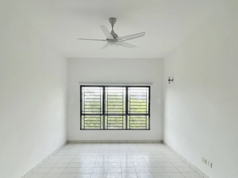Room features: white painted walls, tile flooring, 5-blade ceiling fan, floor-to-ceiling windows, black metal window grills, natural light from windows, wall sconce lighting; style: minimalist; view: garden.