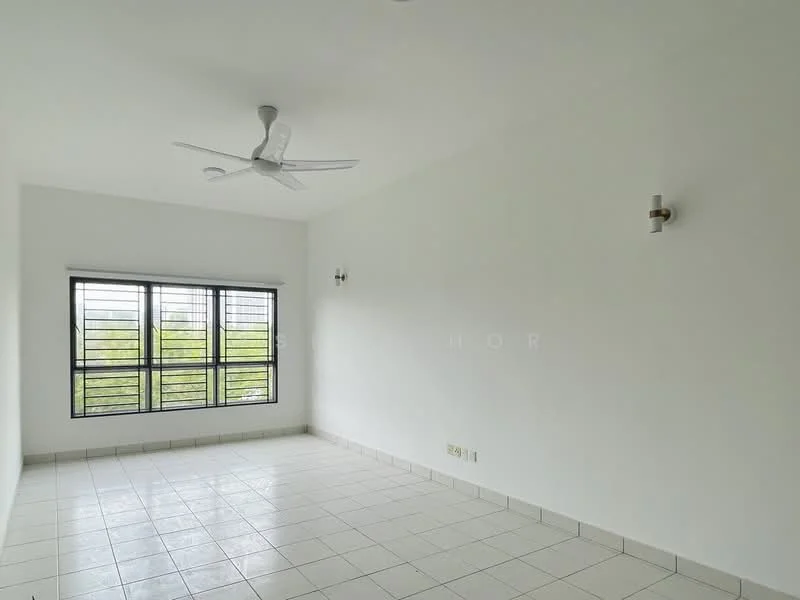 Room features: white painted walls, tiled flooring, 5-blade ceiling fan, large windows with black frames, wall-mounted light fixtures; style: minimalist; view: garden.