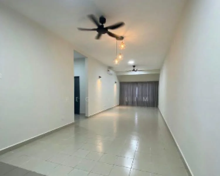 Living features: white painted walls, tile flooring, 5-blade ceiling fan with light, recessed downlights, curtains, sliding glass door, open layout, neutral color scheme; style: modern.