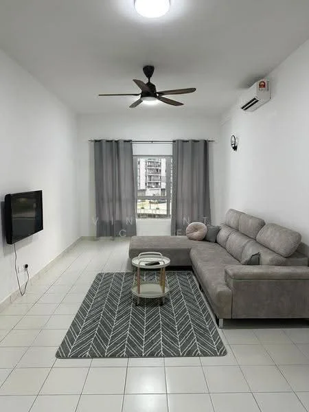 Living features: grey L-shape sectional sofa, coffee table with glass top, area rug with chevron pattern, wall-mounted TV, 5-blade ceiling fan with light, 1 wall-mounted split AC, floor-to-ceiling window with sheer curtains, white painted walls, tile flooring; style: modern; view: city.
