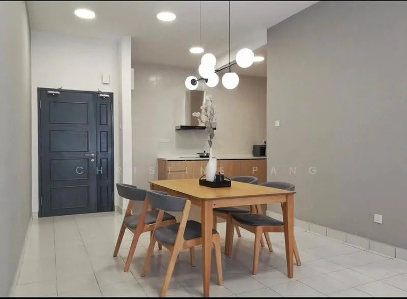 Dining features: 4-seater dining table in wood, upholstered dining chairs in grey, pendant light with spherical bulbs, white walls, grey accent wall, tile flooring, floor-to-ceiling windows, open layout to kitchen, decorative plant on table; style: modern.