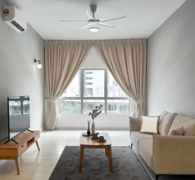 Living features: 3-seater fabric sofa in beige, wooden coffee table, TV console, wall-mounted TV, area rug in grey, floor-to-ceiling windows, sheer curtains, 5-blade ceiling fan with light, wall sconce, air conditioning unit, decorative vase on table; style: modern; view: city.