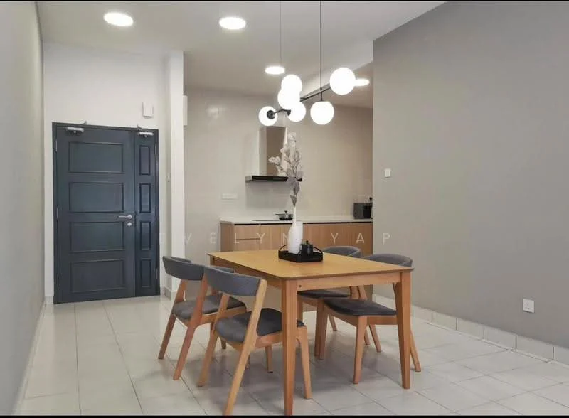 Dining features: wooden dining table, 4 upholstered dining chairs in grey, pendant light fixture with multiple bulbs, grey painted walls, white tiled flooring, open layout to kitchen, decorative plant in vase; style: modern. Room features: white walls, recessed ceiling lights, door to hallway.