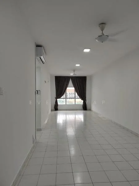 Living features: white painted walls, ceramic tile flooring, 5-blade ceiling fan, recessed LED downlights, floor-to-ceiling windows, sheer curtains, air conditioning unit, mirror on wall; style: modern.