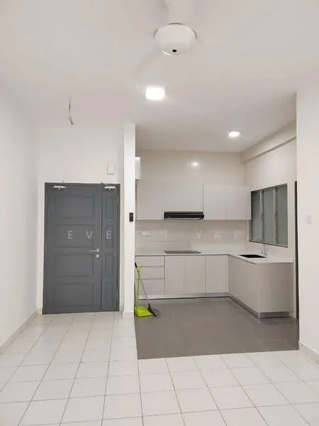 Kitchen features: white cabinetry, black countertop, single-bowl stainless-steel sink, chrome pull-down faucet, built-in oven, stainless-steel range hood, 4-burner gas hob, tile flooring, recessed LED downlights, window with grid pattern, grey wall, cleaning mop, white walls; style: modern.
