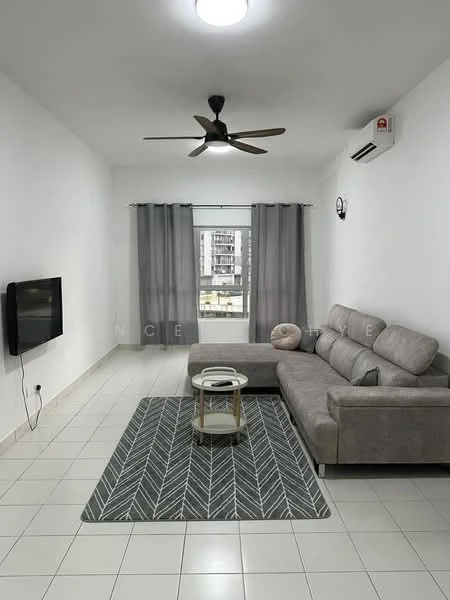 Living features: grey L-shape sectional sofa, 3-blade ceiling fan, wall-mounted TV, coffee table with glass top, area rug with chevron pattern, white painted walls, tile flooring, floor-to-ceiling window with sheer curtains, wall-mounted air conditioning unit; style: modern; view: city.