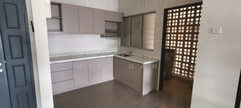 Kitchen features: light grey cabinetry, white marble countertop, single-bowl stainless-steel sink, chrome pull-down faucet, built-in oven, ceramic tile flooring, white tiled backsplash, window for natural light, open layout, wall-mounted storage, counter space, doorway leading to another room; style: modern.
