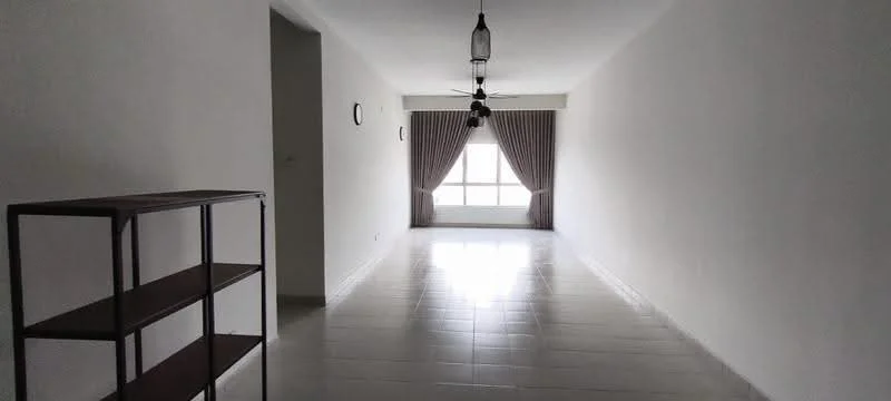 Living features: white painted walls, glossy tile flooring, 5-blade ceiling fan, large window with sheer curtains, curtains with vertical stripes, open layout, shelf unit, decorative wall clock; style: modern.