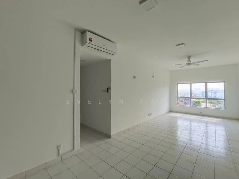 Living features: white painted walls, tile flooring, 5-blade ceiling fan, wall-mounted split AC, floor-to-ceiling windows, city view, recessed downlights, neutral color palette; style: modern; view: city.