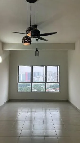 Living features: white painted walls, grey tiled flooring, 5-blade ceiling fan with light, 3 pendant lights, floor-to-ceiling windows, city skyline view; style: modern; view: city.