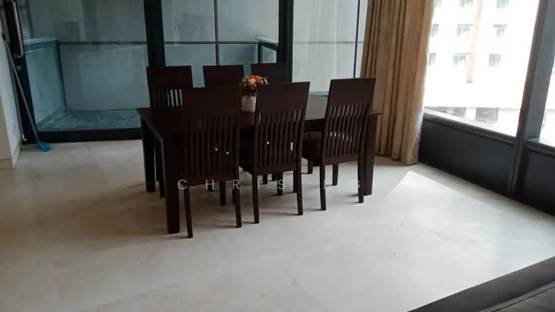 Dining features: 6-seater dining table, wooden dining chairs, floor-to-ceiling windows, curtains, tile flooring, decorative vase with flowers, open layout, view of the balcony; style: modern; view: city.