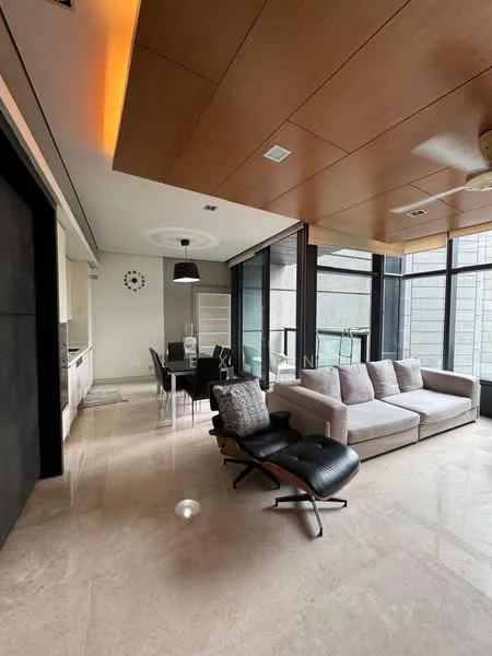 Living features: sofa in light grey fabric, black leather lounge chair, coffee table, marble flooring, wood panel ceiling, recessed downlights, 5-blade ceiling fan, floor-to-ceiling windows, sliding glass door, decorative wall clock, dining area visible in background, pendant light fixture; style: modern; view: city.