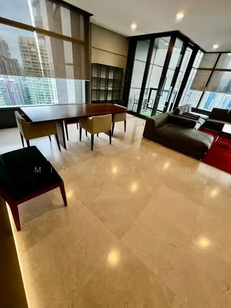 Living features: marble flooring, floor-to-ceiling windows, grey fabric sofa, 2-seater fabric sofa, wooden dining table, 4 upholstered dining chairs, area rug, decorative wall shelving, city view, recessed LED strip lighting; style: modern; view: city.