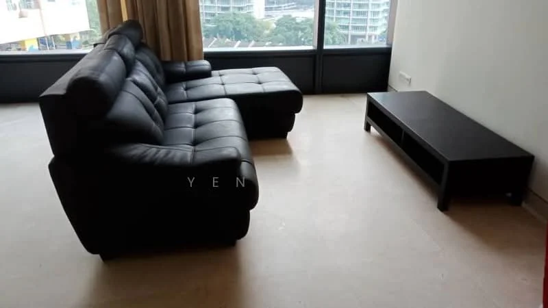 Living features: black leather sectional sofa, coffee table, large floor-to-ceiling windows, curtains, light-colored flooring, neutral wall color, minimalist decor; style: modern; view: city.