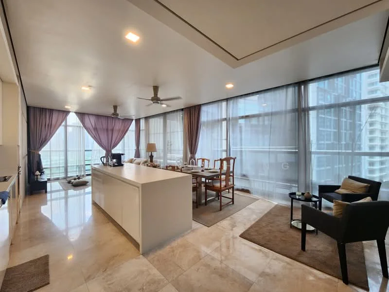 Living features: marble tile flooring, white painted walls, tray ceiling, 5-blade ceiling fan with light, floor-to-ceiling windows, sheer curtains, dining table with chairs, sofa with cushions, area rug, coffee table, decorative lamp; style: modern; view: city. Kitchen features: white cabinetry, island countertop, stainless-steel sink, built-in appliances, open layout; style: modern; view: city.