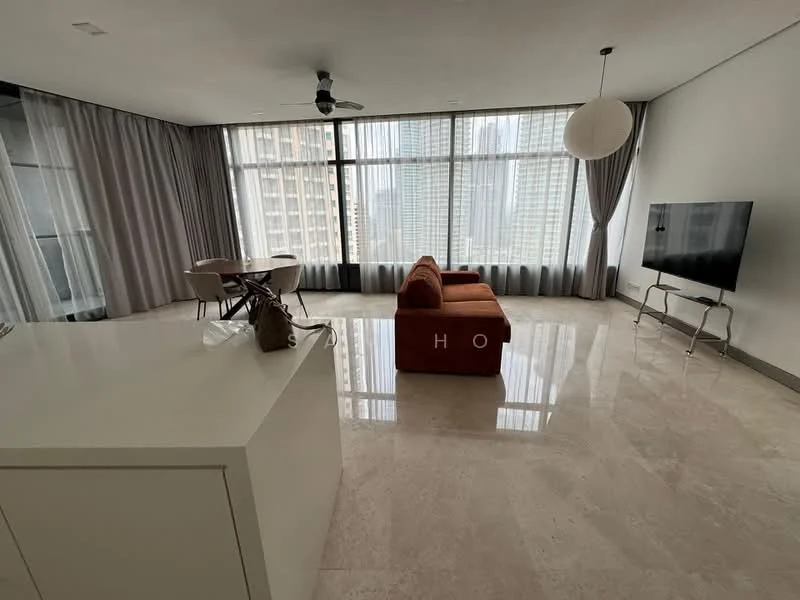 Living features: 3-seater fabric sofa in orange, coffee table, floor-to-ceiling windows, curtains, marble flooring, ceiling fan, wall-mounted TV, TV console, decorative pendant light, area rug; style: modern; view: city. Dining features: round dining table, 4 dining chairs; style: modern; view: city. Kitchen features: white cabinetry, island countertop, stainless-steel sink, built-in appliances; style: modern.