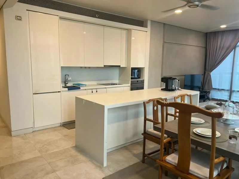 Kitchen features: white cabinetry, white countertop, stainless-steel sink, chrome pull-down faucet, built-in oven, microwave, 4-burner gas hob, refrigerator, pendant lighting, tile flooring, open shelving, dining table with chairs, table settings with plates; style: modern.