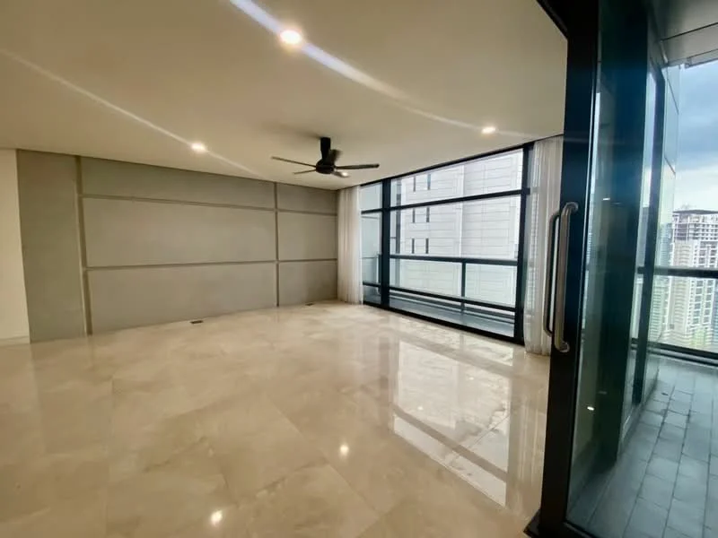 Living features: marble tile flooring, grey accent wall, floor-to-ceiling windows, sliding glass door, sheer curtains, 5-blade ceiling fan, recessed downlights, open layout, balcony access, neutral color palette; style: modern; view: city.